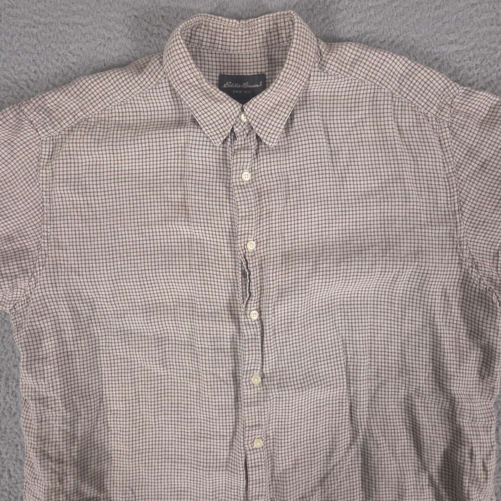 Eddie Bauer Shirt Mens XL Brown Gingham Linen Button‎ Up Hiking Outdoor Casual